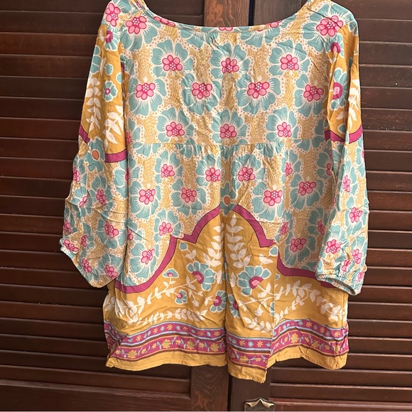 Natural Life Maribel Top Floral Mustard Teal Pink Tassels Elastic Sleeves Border - Picture 6 of 6